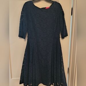 Betsey Johnson Navy Blue Lace Mid Sleeve Lined Dress Below Knee Women's Size 10